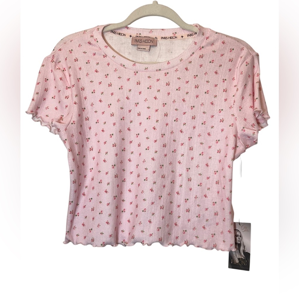 Paris Hilton Ditsy Floral Short Sleeve Soft Fuzzy Lounge Top Size L Pink Girly
